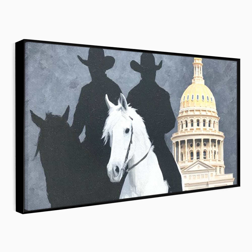 Tablou canvas cu pictura cu doi cowboy si cladire oficiala, in rama de aluminiu negru